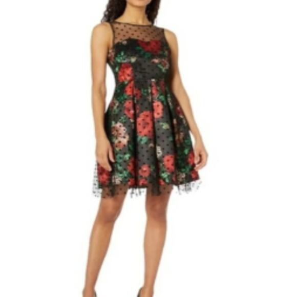 Women's Sandra Darren Black Polka Dot Red Roses Cocktail Dress 4 Petite - Picture 1 of 9